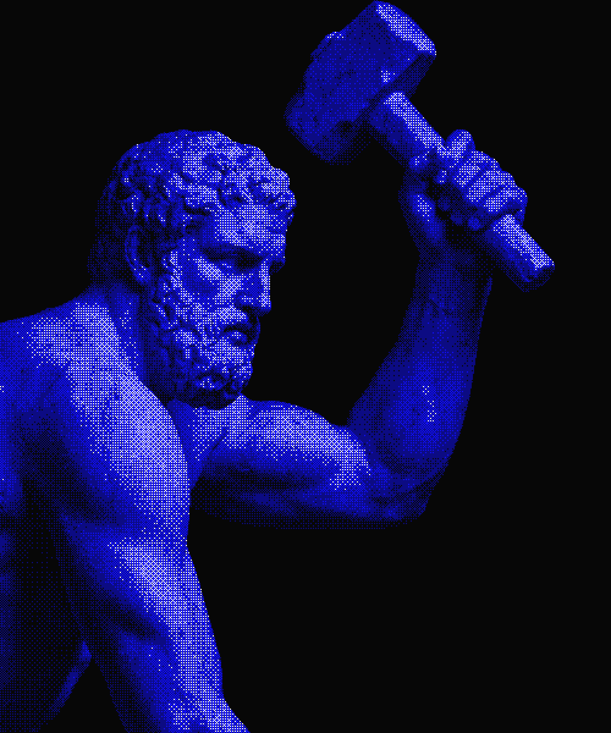 Blue stone statue of a builder raising a hammer