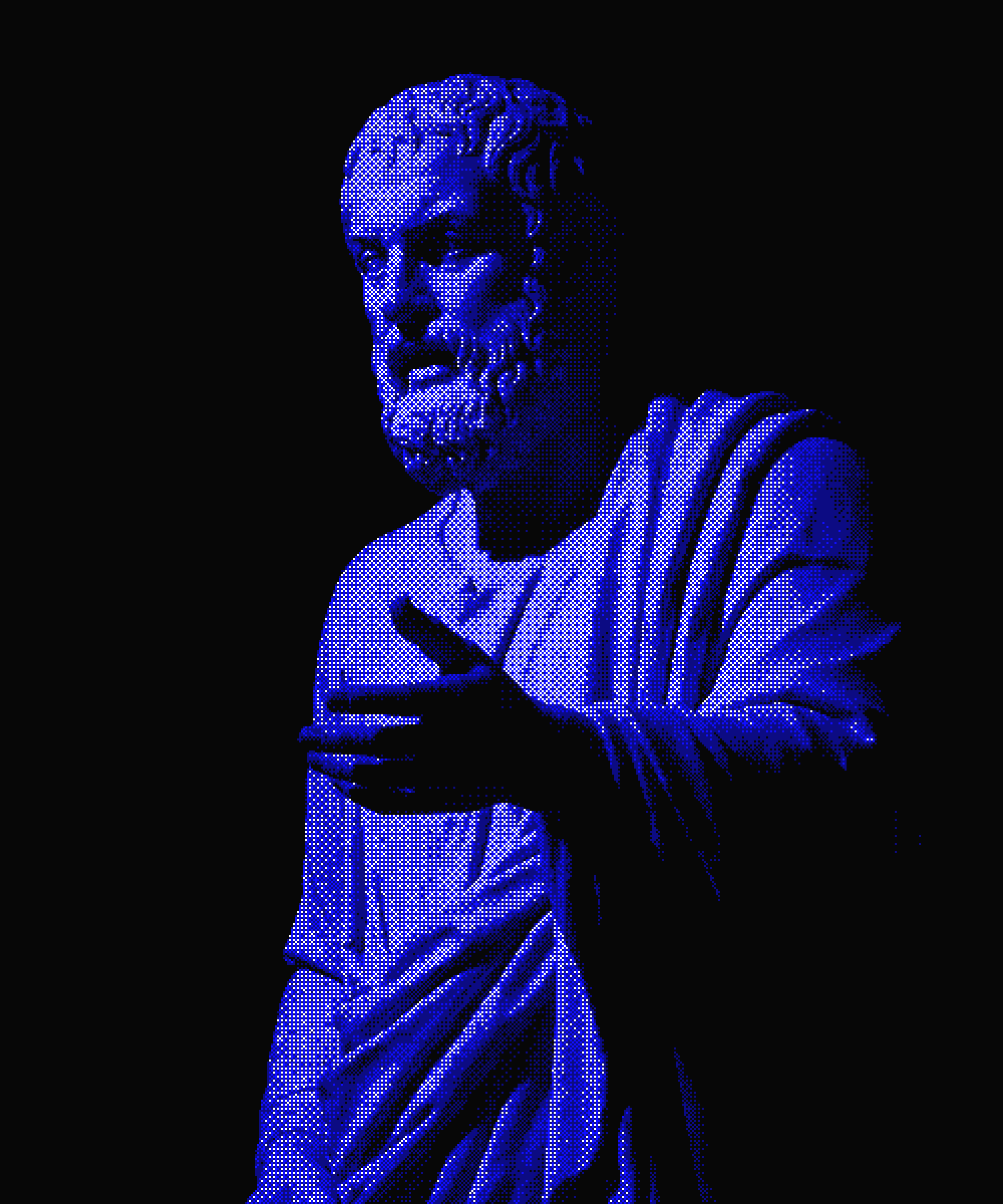 Blue stone statue of a philosopher gesturing while speaking