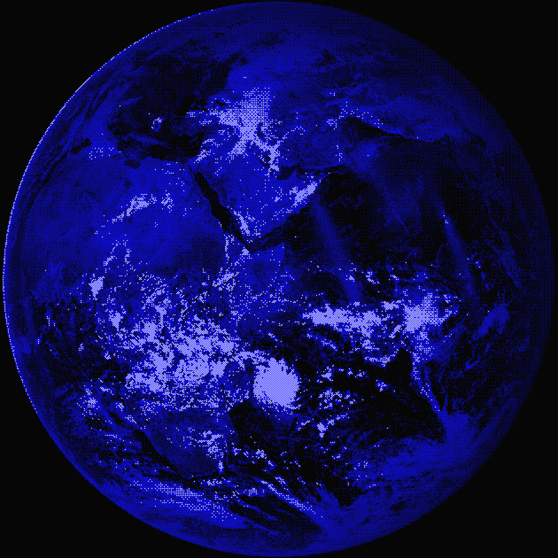 Earth rendered in blue dithered pixels seen from space